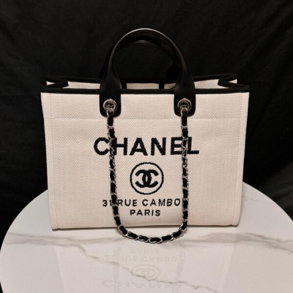 Deauville Tote Collection Ivory White & Black Canvas Combination 38CM