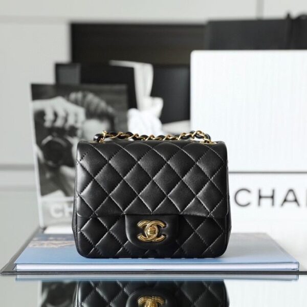 Classic Flap Lambskin Shoulder Bag in Black with Vintage Gold-Tone Hardware and Ball Charm, 17cm Premium Upgrade