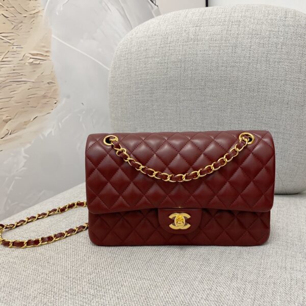 Classic Flap Lambskin Shoulder Bag in Burgundy with Gold Hardware, 25cm Grain-Textured Calfskin Upgrade