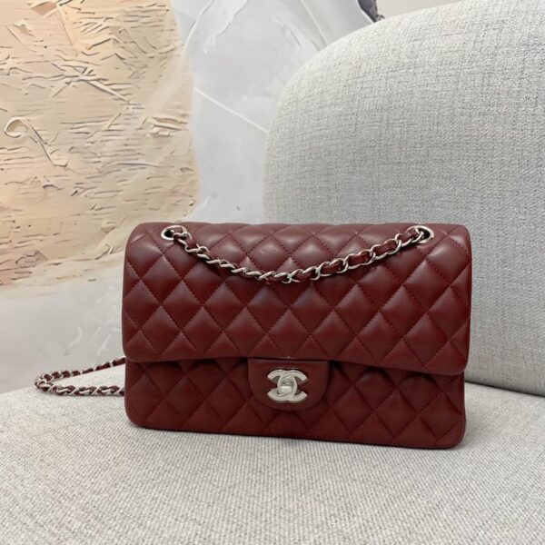 Classic Flap Lambskin Shoulder Bag in Burgundy with Silver Hardware, 25cm Grain-Textured Calfskin Upgrade