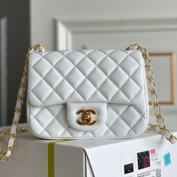 Classic Flap Lambskin Shoulder Bag in White with Vintage Gold-Tone Hardware and Ball Charm, 17cm Premium Upgrade