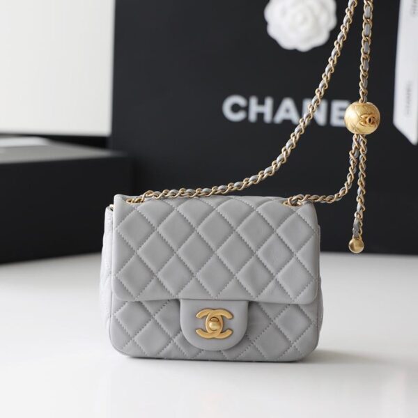 Classic Flap Lambskin Shoulder Bag in Grey with Vintage Gold-Tone Hardware and Ball Charm, 17cm Premium Upgrade