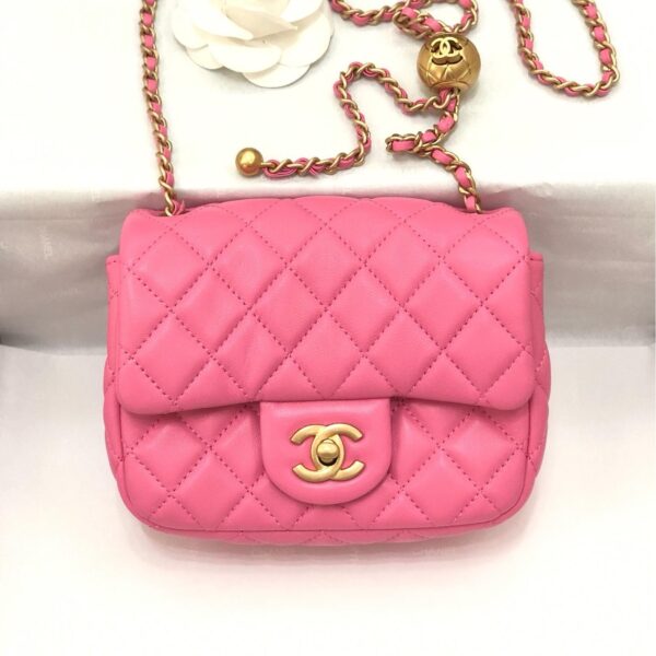 Classic Flap Lambskin Shoulder Bag in Pink with Vintage Gold-Tone Hardware and Ball Charm, 17cm Premium Upgrade