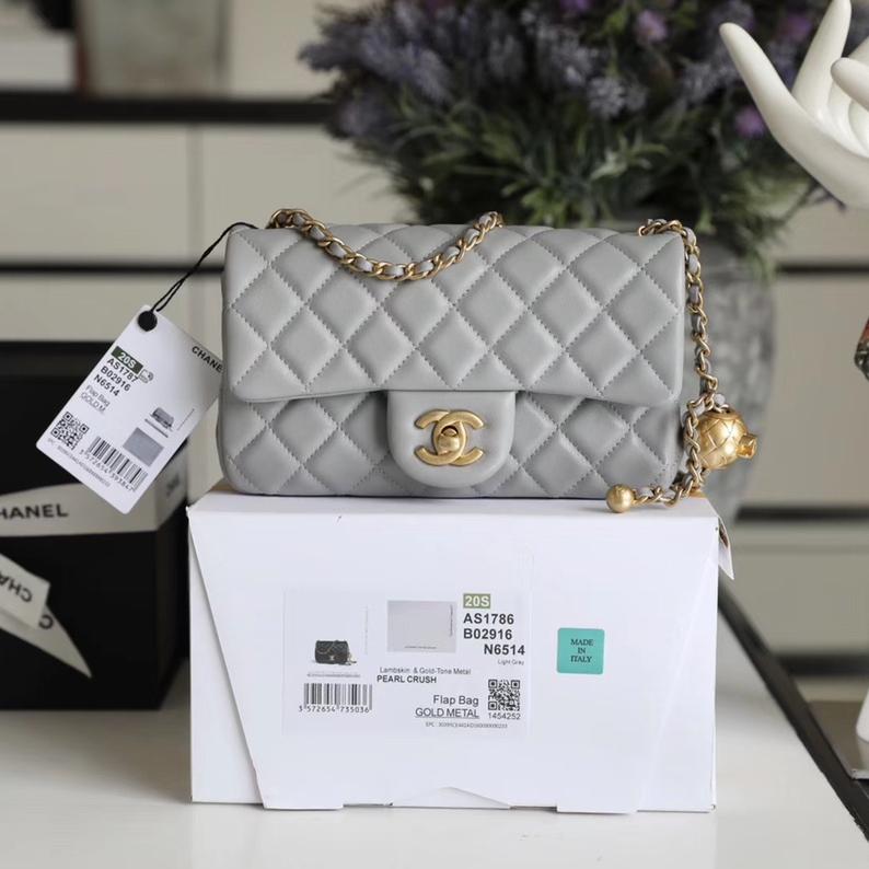 Classic Flap Lambskin Shoulder Bag in Grey with Vintage Gold Ball Detail, 20cm Premium Upgrade - Image 2