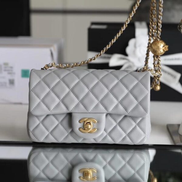 Classic Flap Lambskin Shoulder Bag in Grey with Vintage Gold Ball Detail, 20cm Premium Upgrade