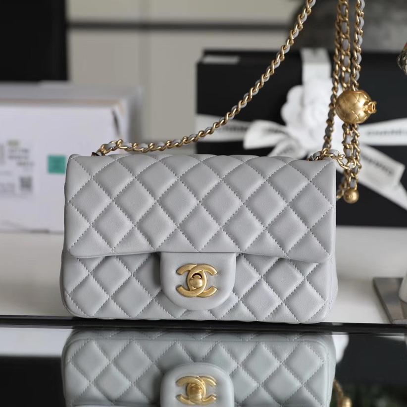 Classic Flap Lambskin Shoulder Bag in Grey with Vintage Gold Ball Detail, 20cm Premium Upgrade