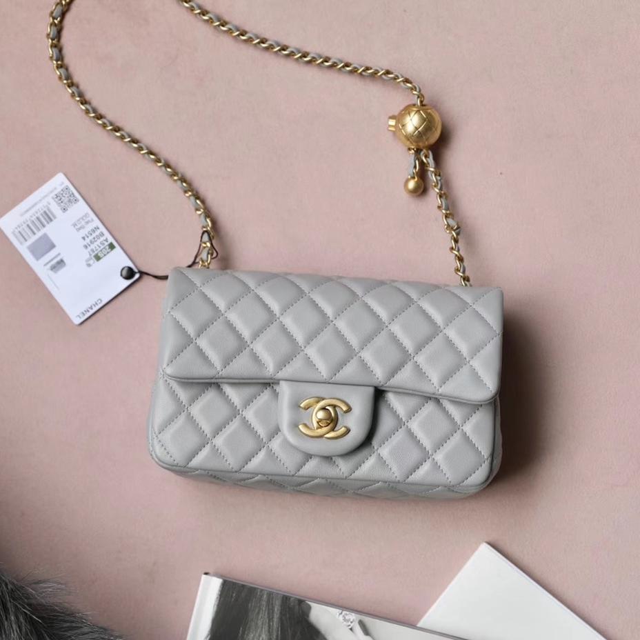 Classic Flap Lambskin Shoulder Bag in Grey with Vintage Gold Ball Detail, 20cm Premium Upgrade - Image 3