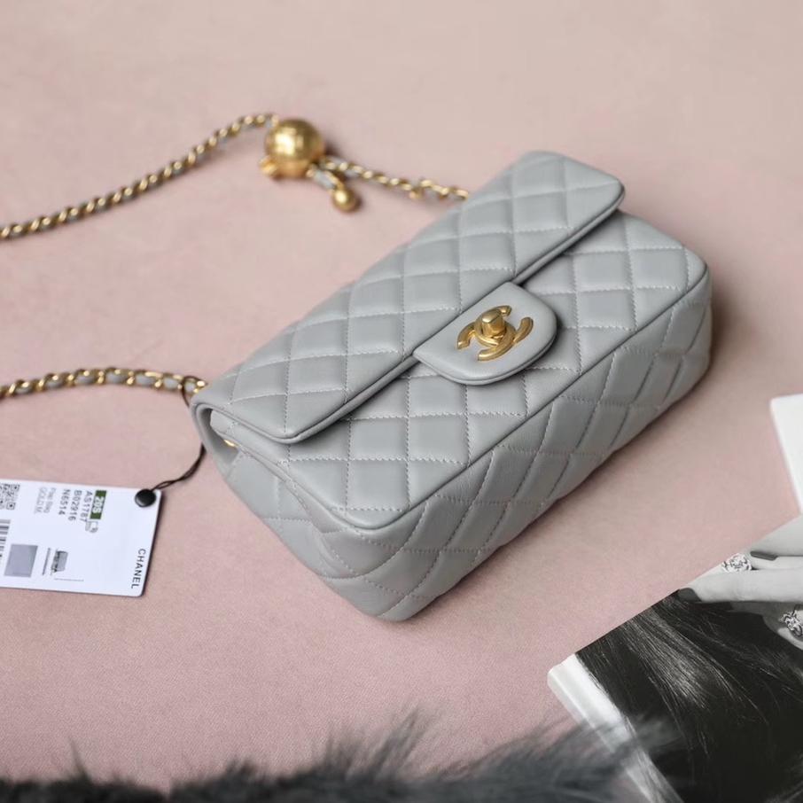 Classic Flap Lambskin Shoulder Bag in Grey with Vintage Gold Ball Detail, 20cm Premium Upgrade - Image 4