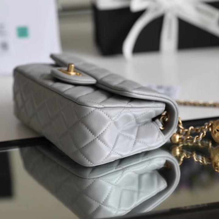 Classic Flap Lambskin Shoulder Bag in Grey with Vintage Gold Ball Detail, 20cm Premium Upgrade - Image 5