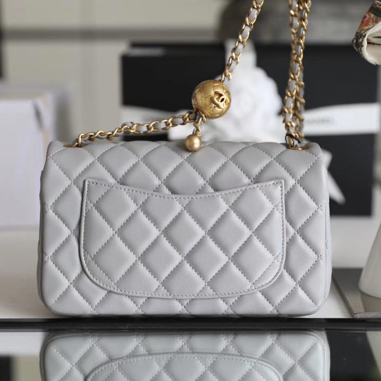 Classic Flap Lambskin Shoulder Bag in Grey with Vintage Gold Ball Detail, 20cm Premium Upgrade - Image 7
