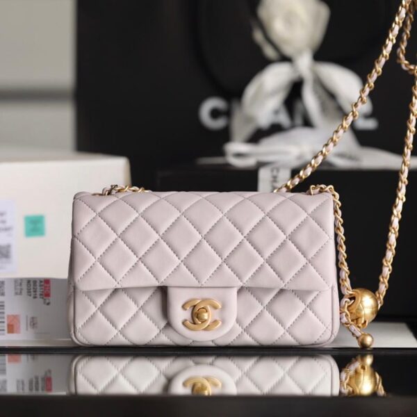 Classic Flap Lambskin Shoulder Bag in Soft Pink with Vintage Gold Ball Detail, 20cm Premium Upgrade