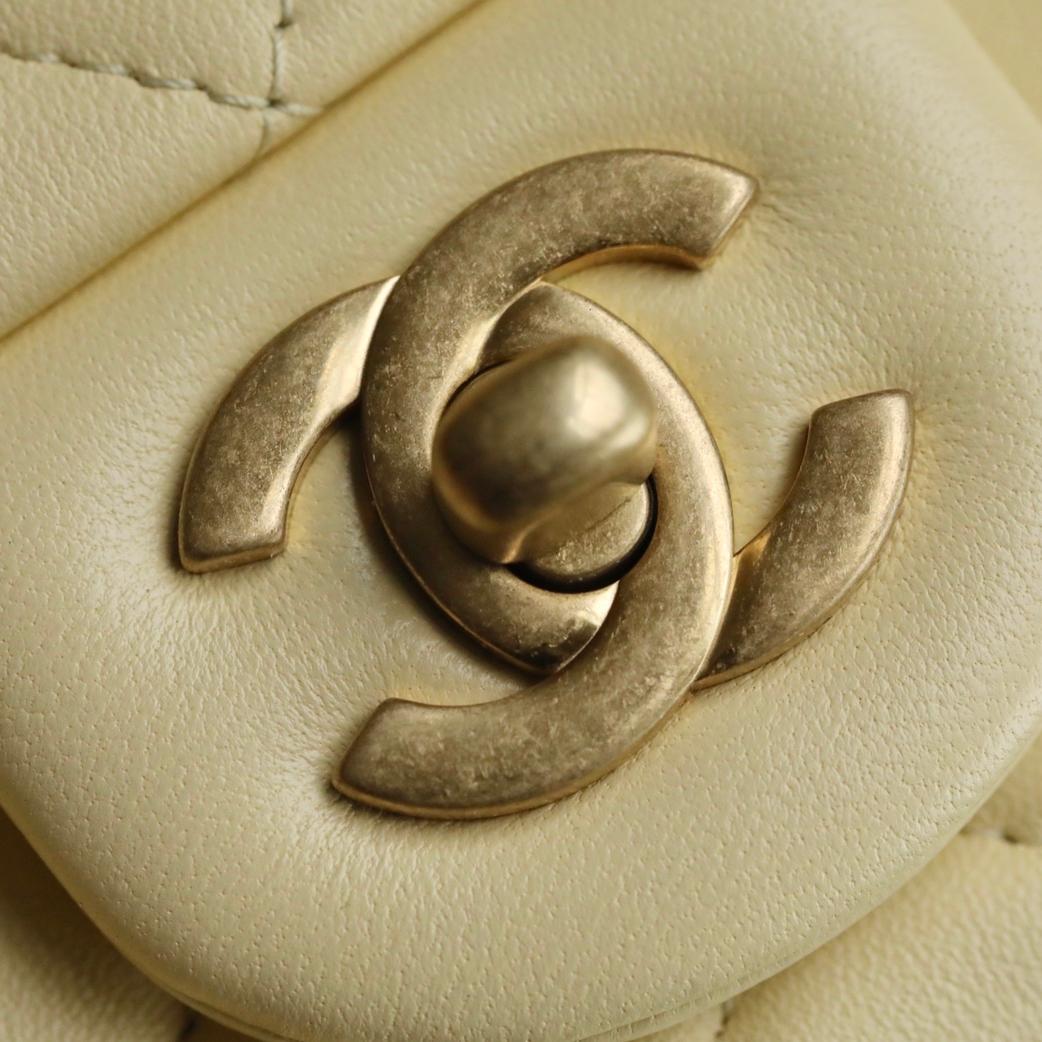 Classic Flap Lambskin Shoulder Bag in Cream Yellow with Vintage Gold Ball Detail, 20cm Premium Upgrade - Image 3