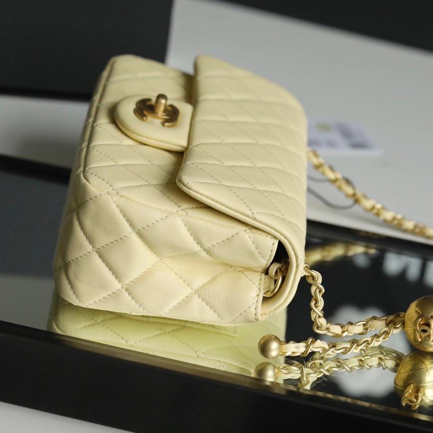 Classic Flap Lambskin Shoulder Bag in Cream Yellow with Vintage Gold Ball Detail, 20cm Premium Upgrade - Image 5