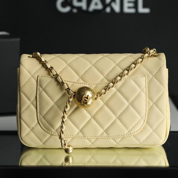 Classic Flap Lambskin Shoulder Bag in Cream Yellow with Vintage Gold Ball Detail, 20cm Premium Upgrade - Image 6
