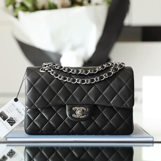 Classic Flap Lambskin Shoulder Bag in Black with Silver-Tone Full Steel Hardware, 23cm Chip-Embedded Premium Edition