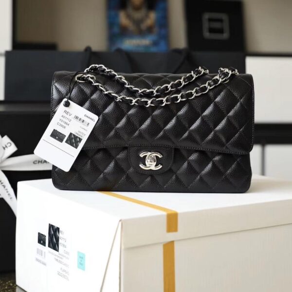 Classic Flap Caviar Calfskin Shoulder Bag in Black with Silver-Tone Full Steel Hardware, 25cm Premium Upgrade