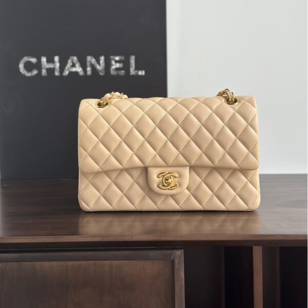 Classic Flap Lambskin Shoulder Bag in Beige with Gold Hardware, 25cm Grain-Textured Calfskin Upgrade