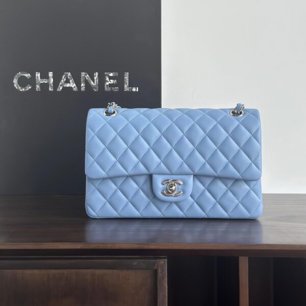 Classic Flap Lambskin Shoulder Bag in Blue with Silver Hardware, 25cm Grain-Textured Calfskin Upgrade