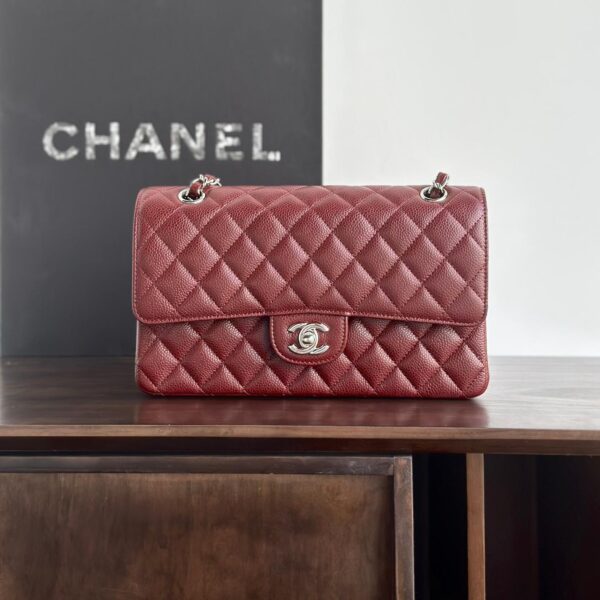 Upgraded Classic Flap Bag 25CM in Burgundy Caviar Calfskin Exterior & Lambskin Interior with Silver Hardware