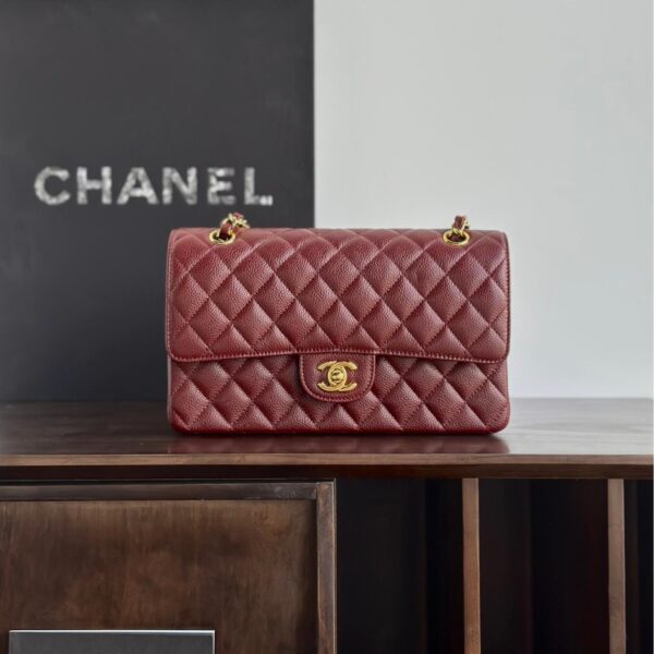 Upgraded Classic Flap Bag 25CM in Burgundy Caviar Calfskin Exterior & Lambskin Interior with Gold Hardware