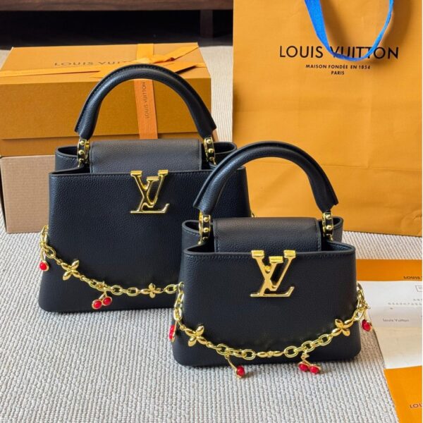 Capucines Handbag in Black Taurillon Leather with Gold LV & Cherry Chain – Available in 27CM & 20CM