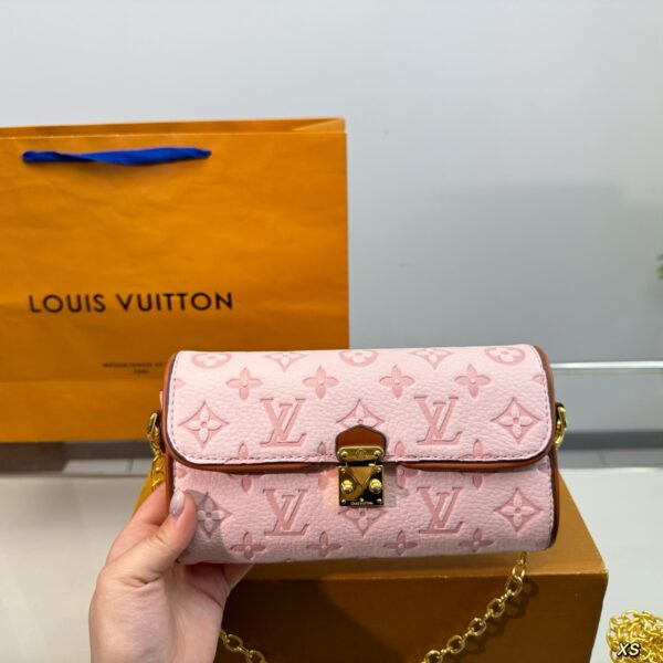 Pink Leather Chain Pochette – Long Monogram Clutch Bag 20CM