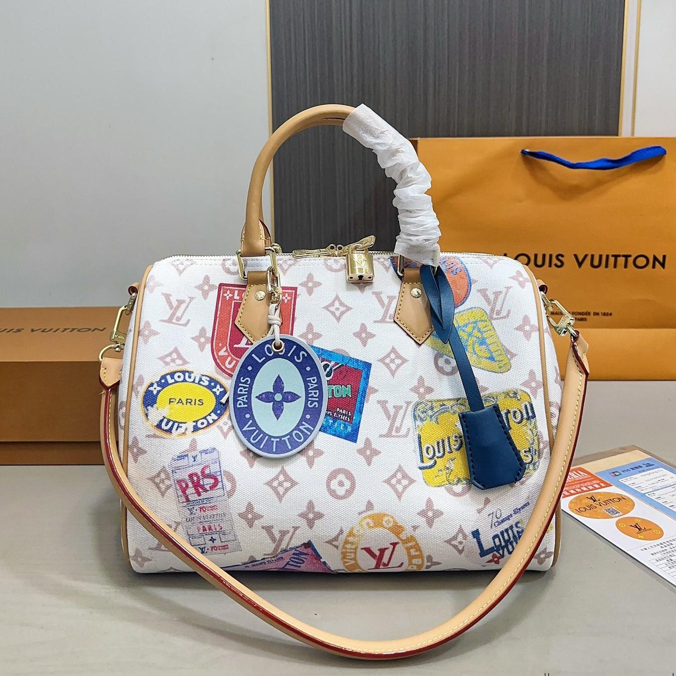 LV Speedy 30 Travel Sticker Canvas Bag – Colorful Monogram Top Handle 30CM