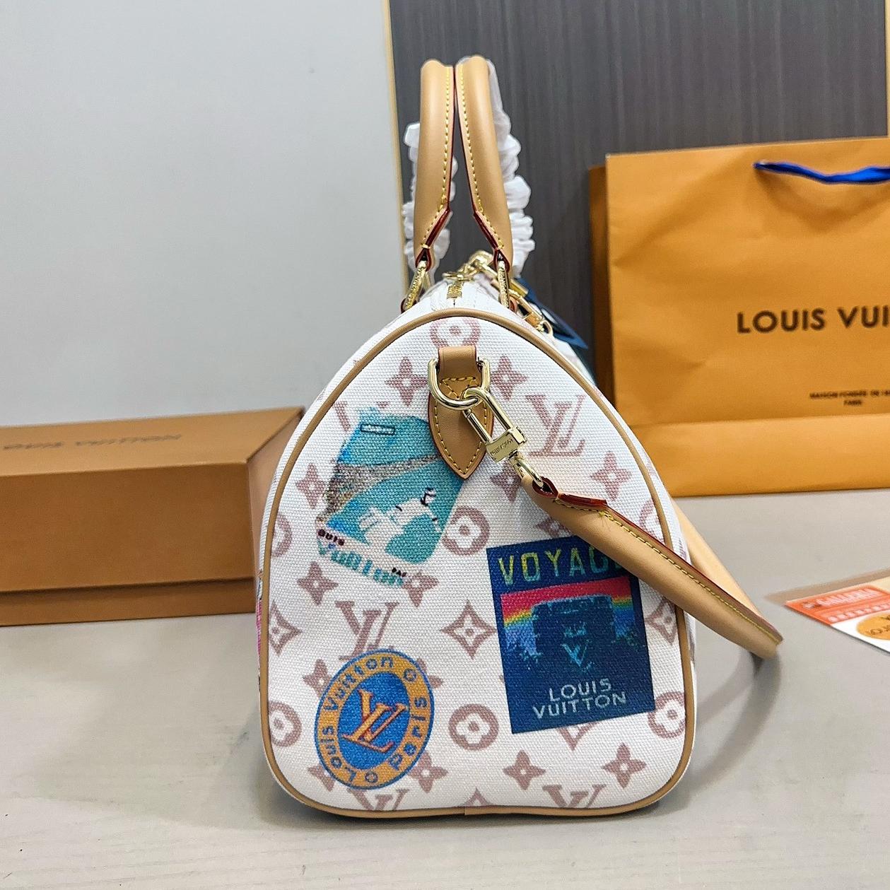 LV Speedy 30 Travel Sticker Canvas Bag – Colorful Monogram Top Handle 30CM - Image 2