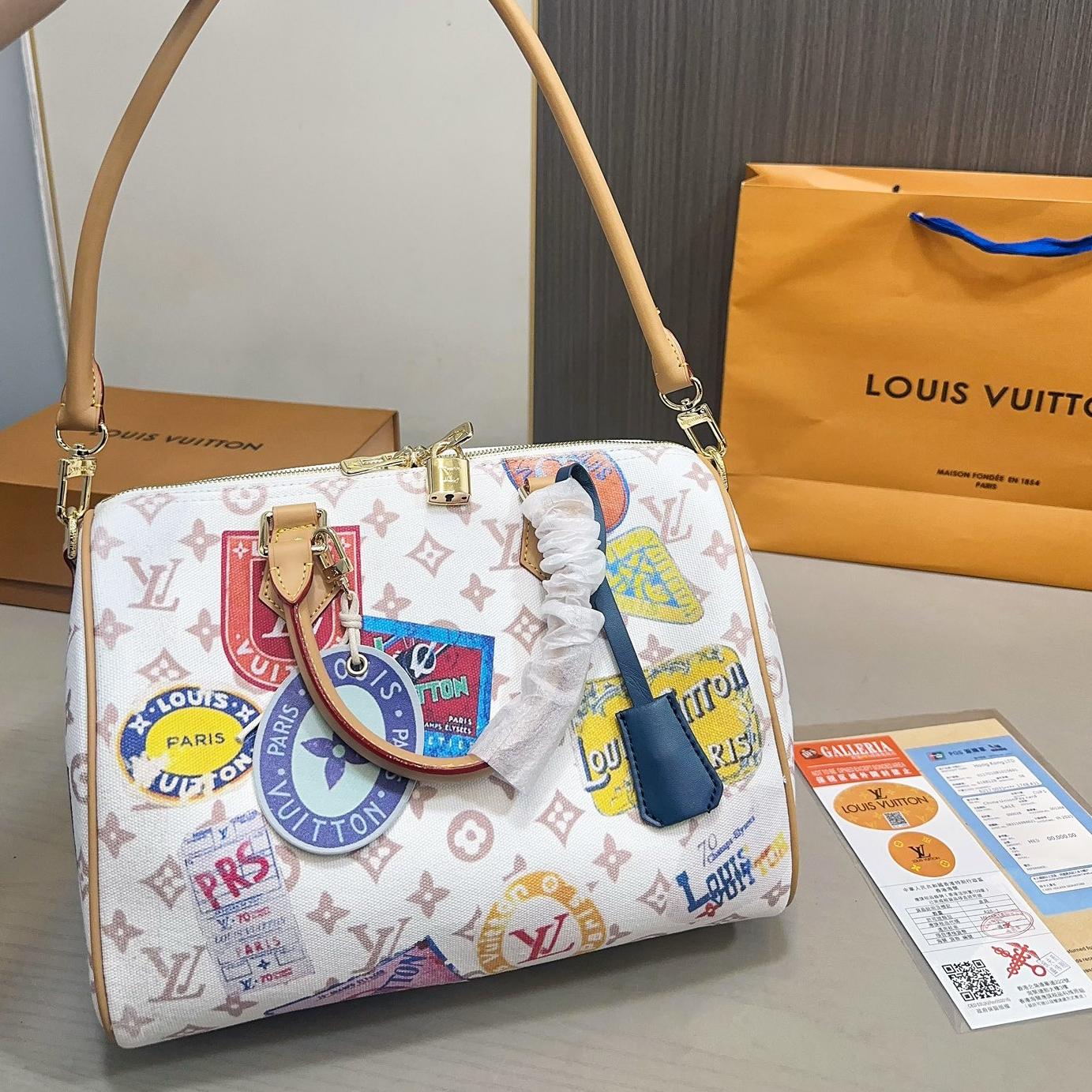 LV Speedy 30 Travel Sticker Canvas Bag – Colorful Monogram Top Handle 30CM - Image 4