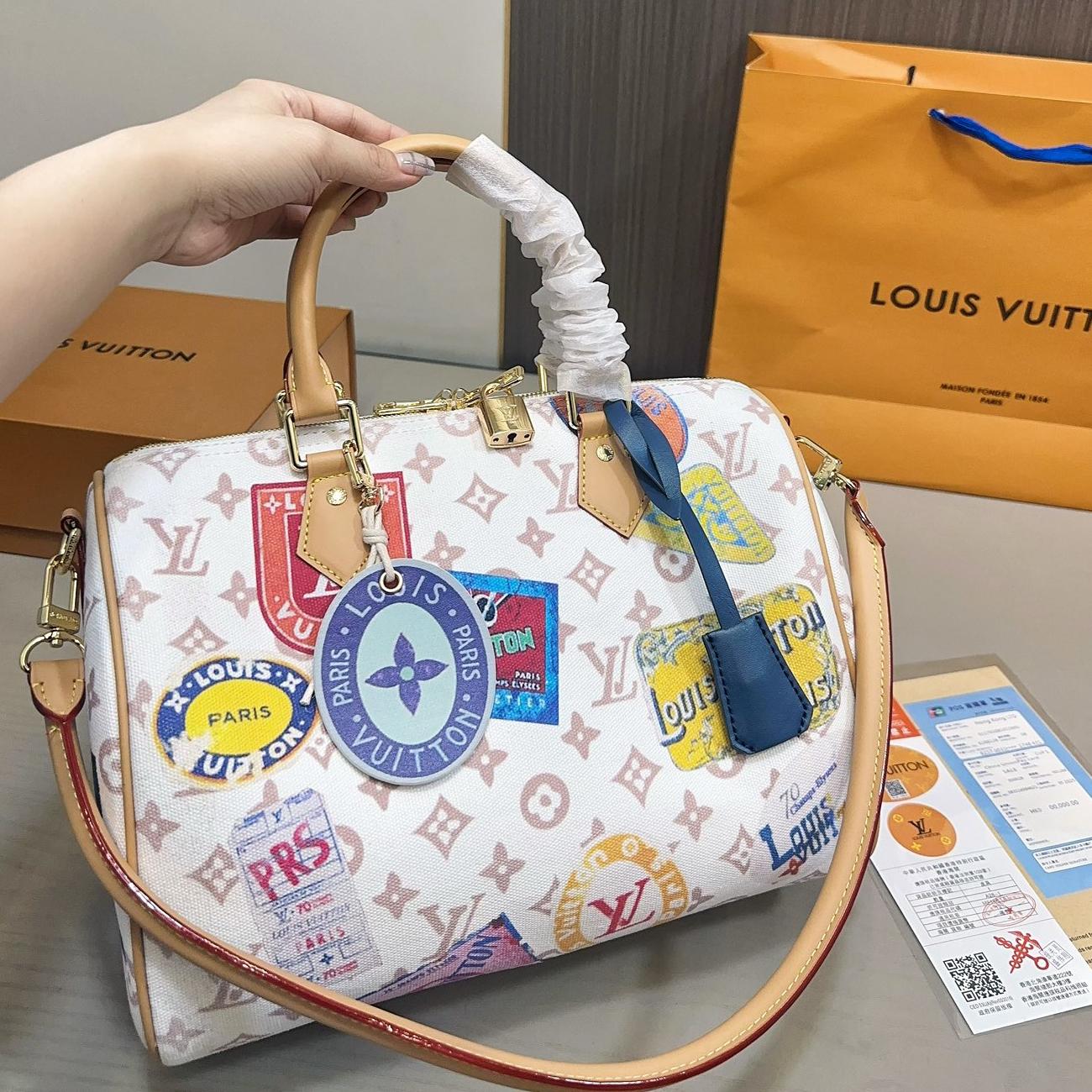 LV Speedy 30 Travel Sticker Canvas Bag – Colorful Monogram Top Handle 30CM - Image 5