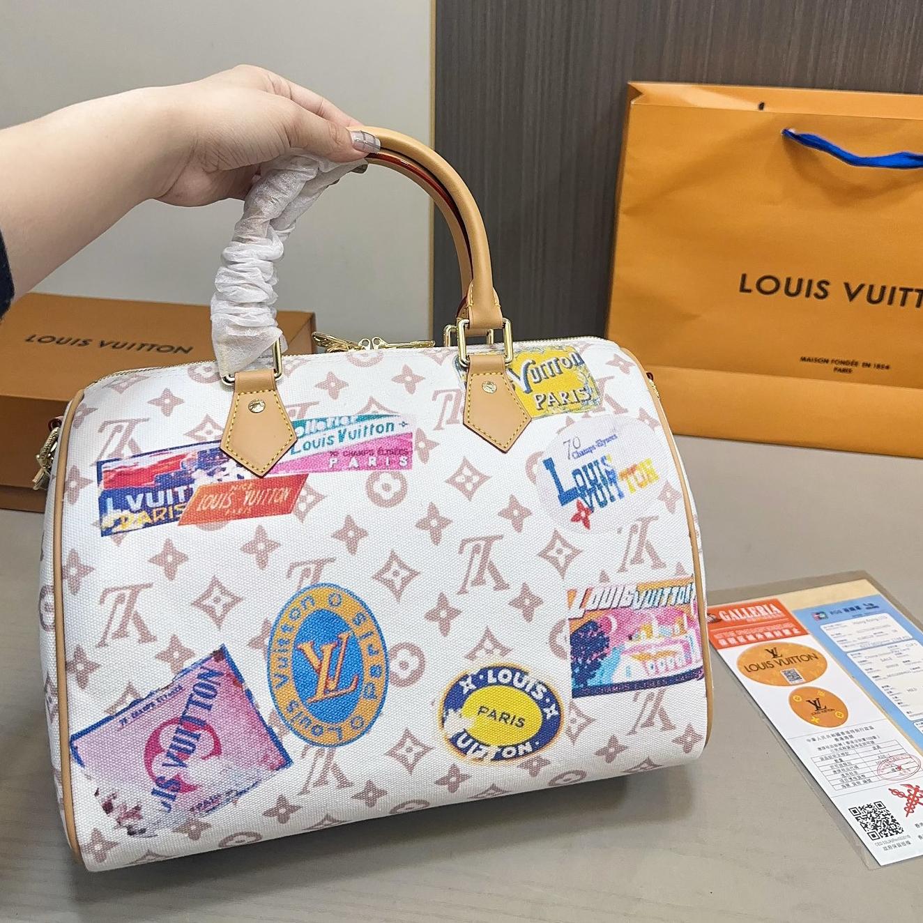 LV Speedy 30 Travel Sticker Canvas Bag – Colorful Monogram Top Handle 30CM - Image 6