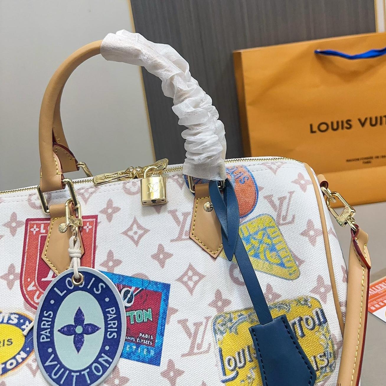 LV Speedy 30 Travel Sticker Canvas Bag – Colorful Monogram Top Handle 30CM - Image 7