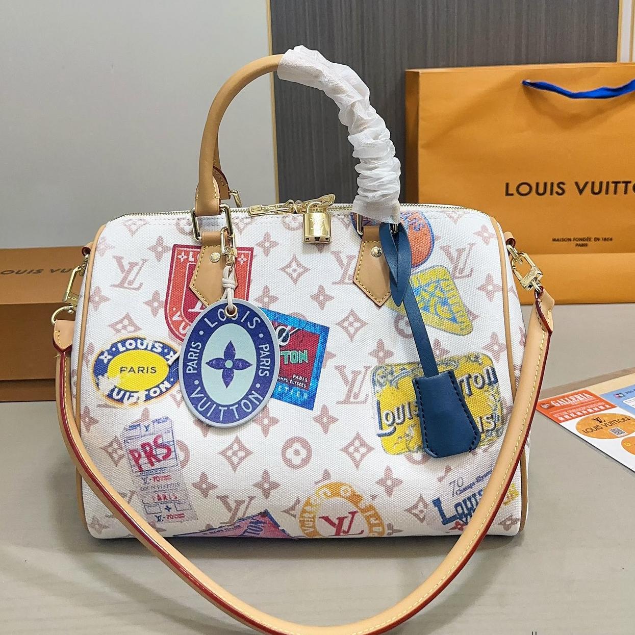 LV Speedy 30 Travel Sticker Canvas Bag – Colorful Monogram Top Handle 30CM - Image 8