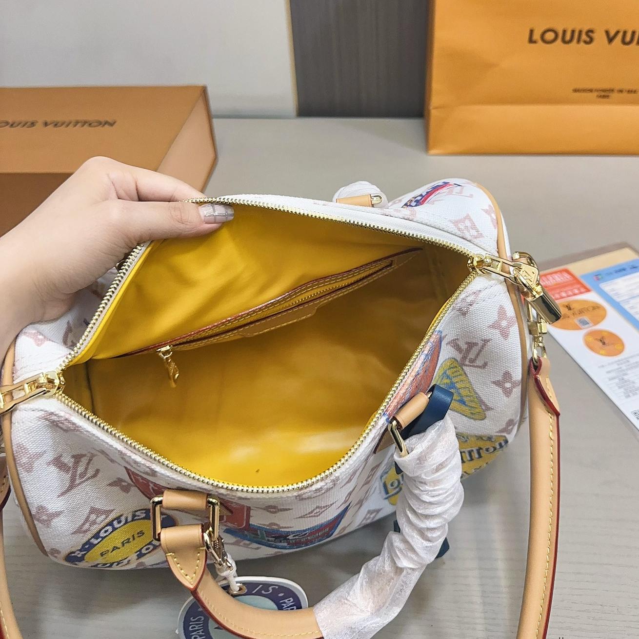 LV Speedy 30 Travel Sticker Canvas Bag – Colorful Monogram Top Handle 30CM - Image 9