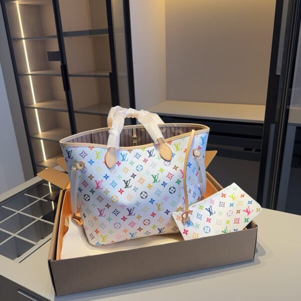 White Multicolor Monogram Neverfull Tote – LV x Takashi Murakami with Pouch 33CM
