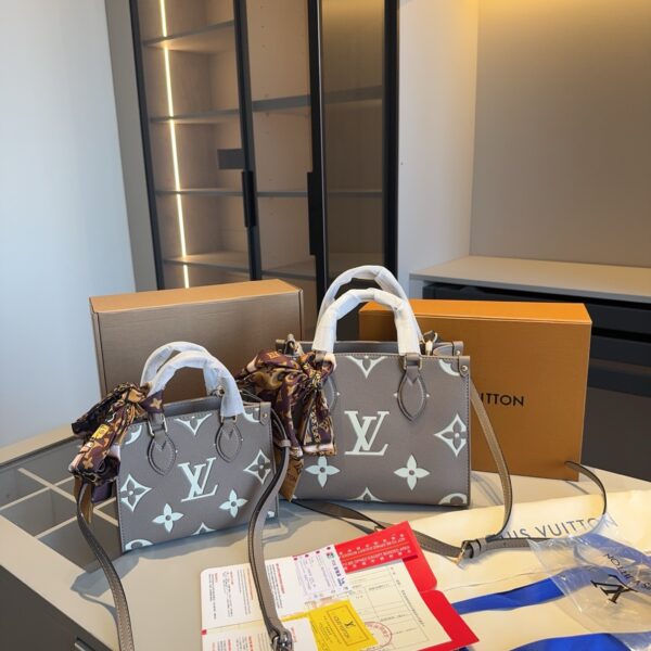 LV OnTheGo Taupe Monogram Tote with Scarf – Mini & Small in Full-Grain Leather 18CM/25CM
