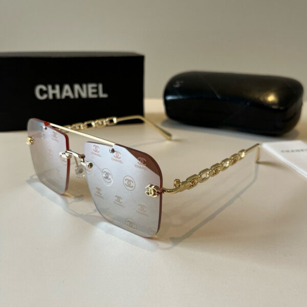 Chanel-Inspired Rimless Square Sunglasses with Gradient Pink Lenses & Logo Chain Temples