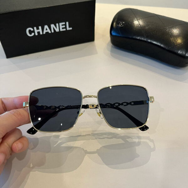 Square Frame Chain-Link Sunglasses with Gold Rim · Chanel-Inspired Design
