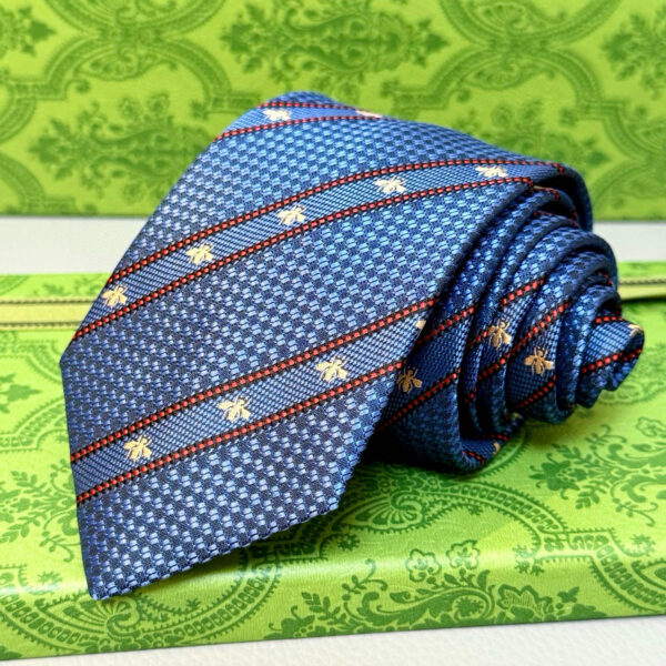 Gucci Blue Silk Tie with Bee Embroidery and Striped Weave