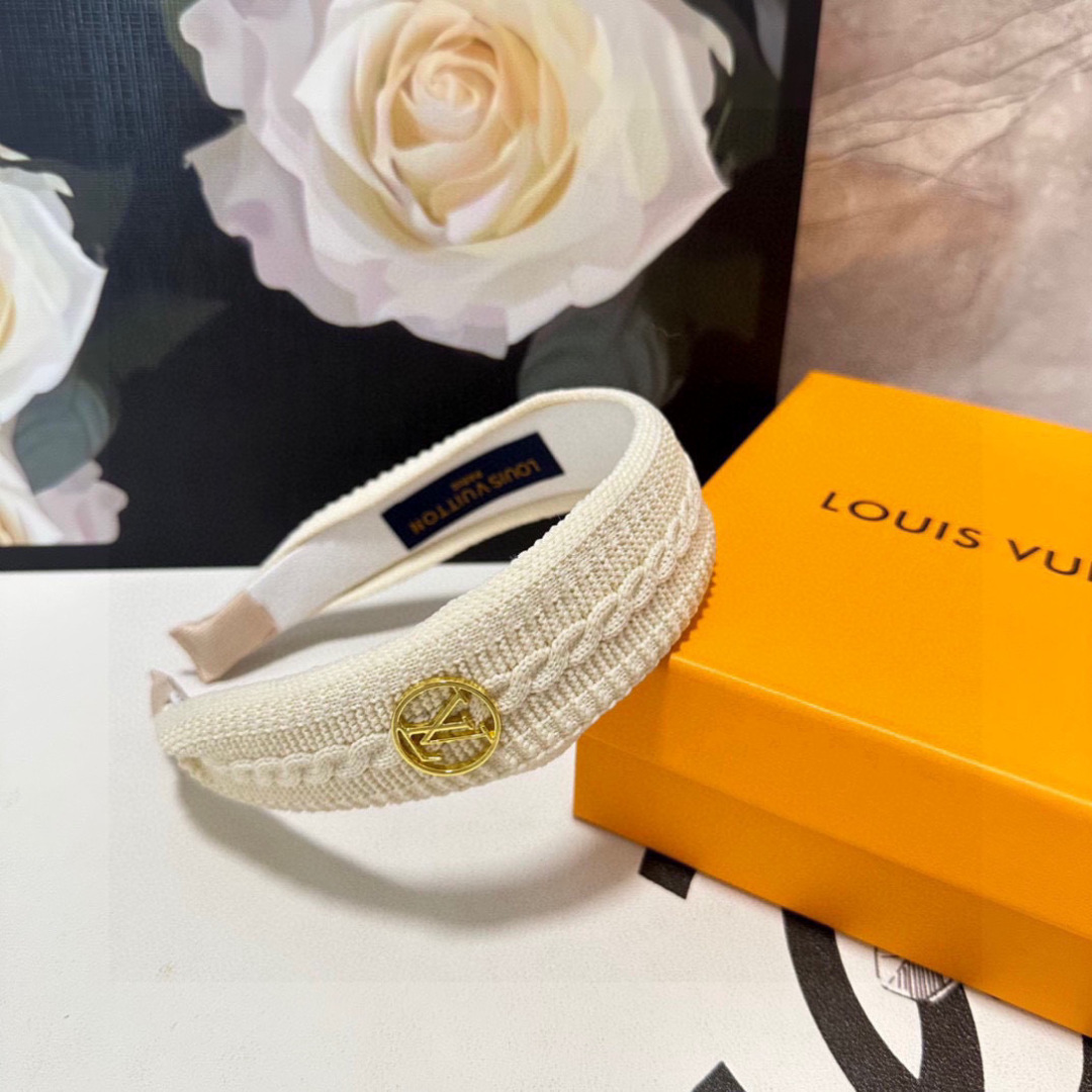 Cream Braided Textured Headband – Gold LV-Inspired Emblem for Elevated Everyday Style - Image 2