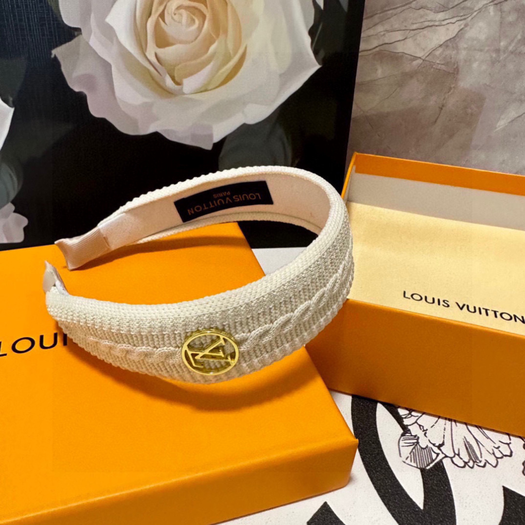 Cream Braided Textured Headband – Gold LV-Inspired Emblem for Elevated Everyday Style - Image 3