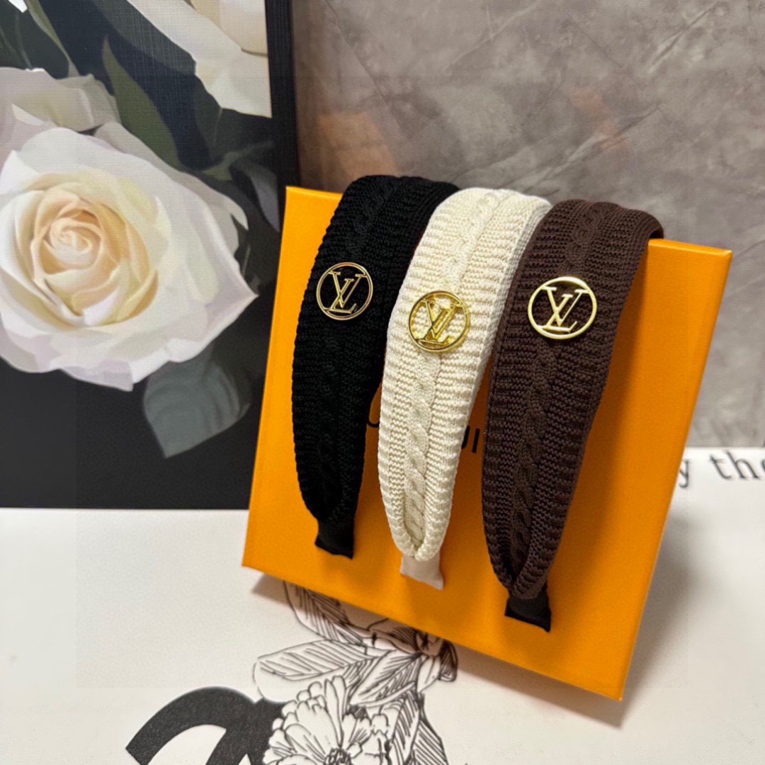 Cream Braided Textured Headband – Gold LV-Inspired Emblem for Elevated Everyday Style - Image 4