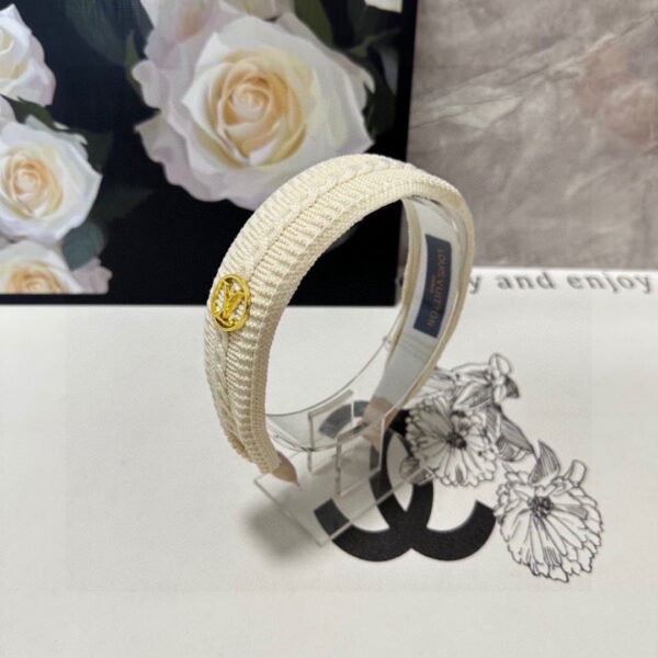 Cream Braided Textured Headband – Gold LV-Inspired Emblem for Elevated Everyday Style