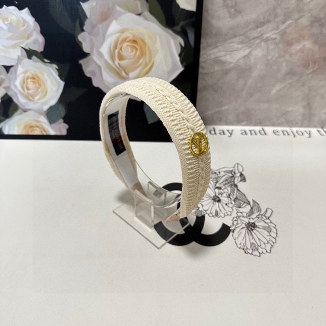 Cream Braided Textured Headband – Gold LV-Inspired Emblem for Elevated Everyday Style - Image 5