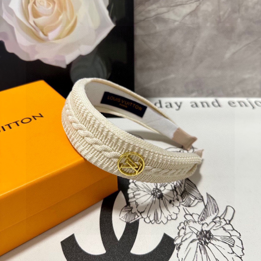 Cream Braided Textured Headband – Gold LV-Inspired Emblem for Elevated Everyday Style - Image 6