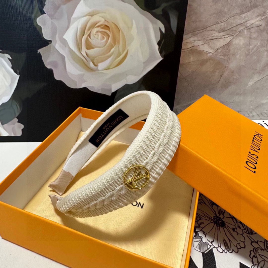 Cream Braided Textured Headband – Gold LV-Inspired Emblem for Elevated Everyday Style - Image 7