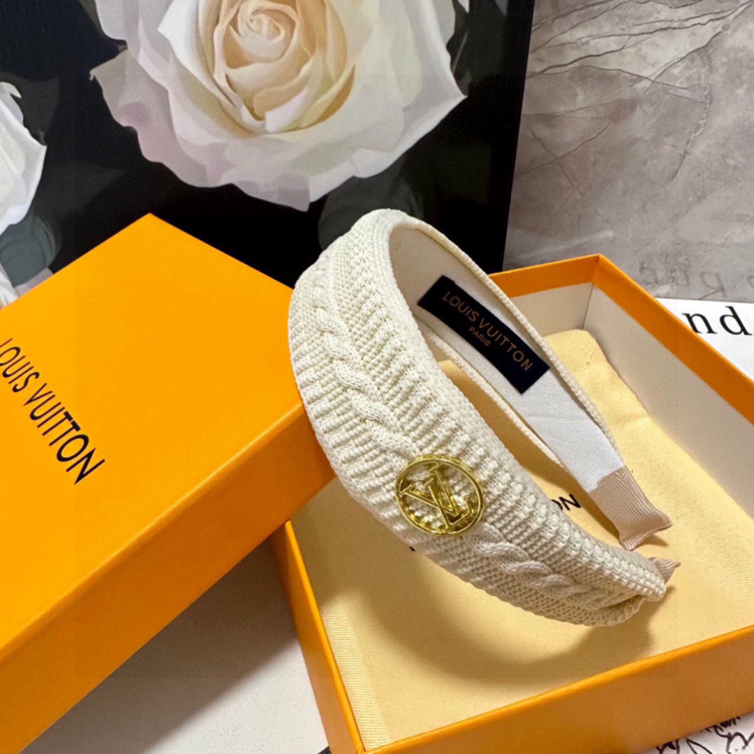 Cream Braided Textured Headband – Gold LV-Inspired Emblem for Elevated Everyday Style - Image 8