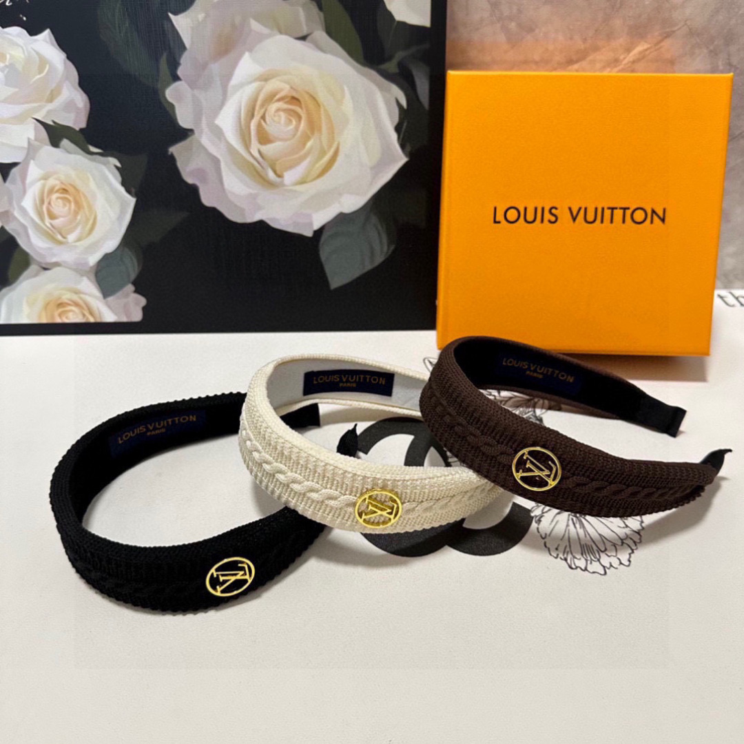 Cream Braided Textured Headband – Gold LV-Inspired Emblem for Elevated Everyday Style - Image 9