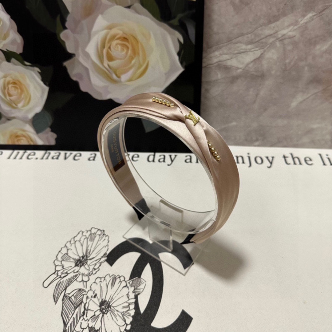 Blush Satin Headband with Gold LV-Inspired Detail – Pearled Accent for Refined Femininity