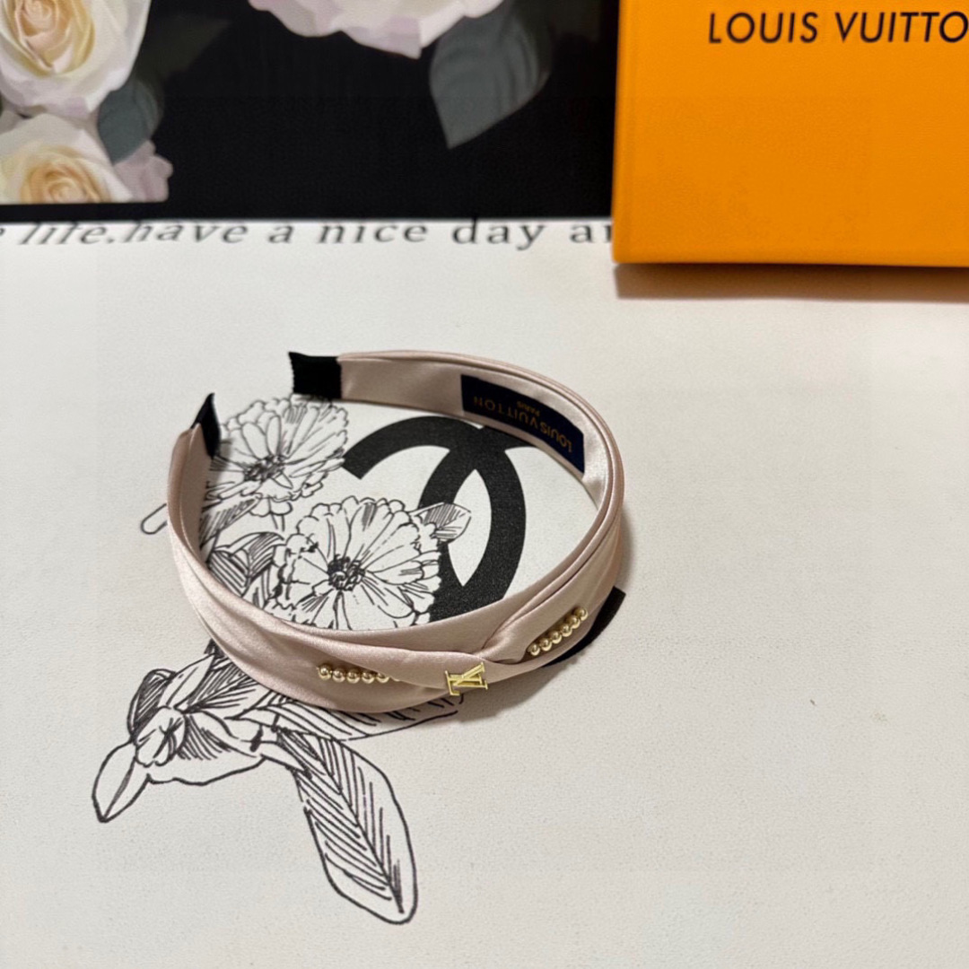 Blush Satin Headband with Gold LV-Inspired Detail – Pearled Accent for Refined Femininity - Image 2